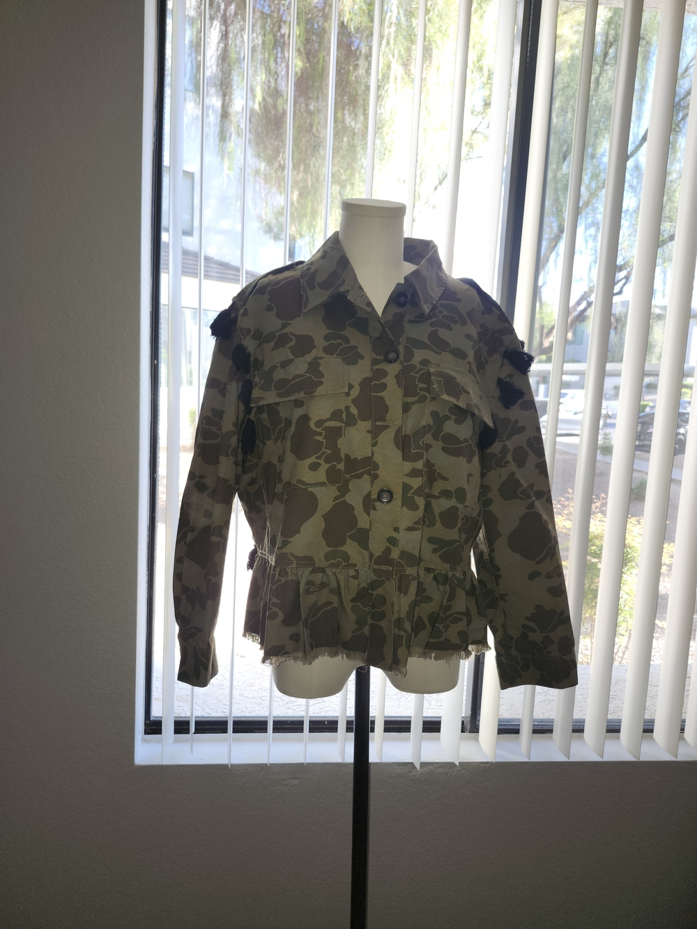 Zara Camouflage Ruffle Hem Military-Style Jacket